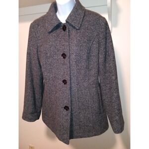 London Fog Womens Gray Salt and Pepper Tweed Wool Blend Button Front Coat Large